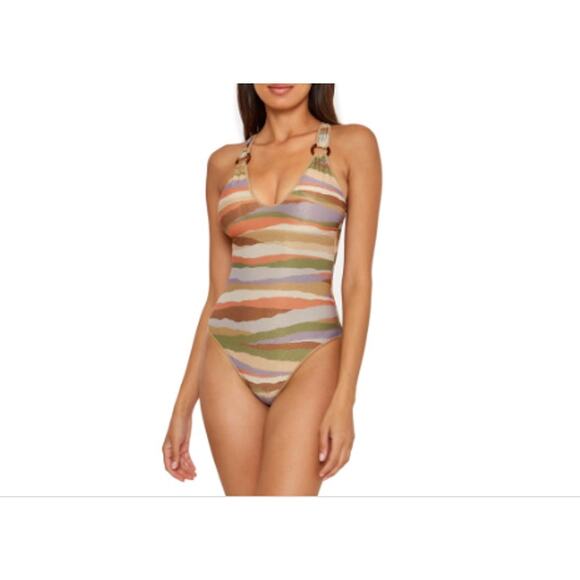 Becca by Rebecca Virtue One-Piece Swimsuit Canyon View Londyn Ring Gold Stripped - Picture 10 of 10